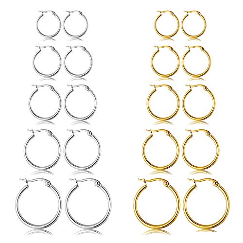5-10 Pairs Small Gold Silver Hoop Earrings for Women, Stainless Steel Earrings Set Mens Lightweight Thin Hypoallergenic Small Hoops Set - style: 10pcs-Gold+Silver-2