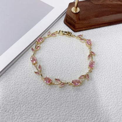 Dainty Crystal Flower Leaf Bracelet for Women Gold-Tone/Silver Plated Sparkling Oval Cz Cubic Zirconia Floral Tennis Bracelets Sweet Fine Bridal Wedding Party Prom Fashion Jewelry 7.28inch - color: Gold-Tone