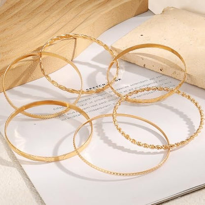 IFKM Gold Chain Bracelets Set for Women, 14K Gold Plated Multiple Layered Stackable Open Cuff Bangle Bracelet Anklet Bracelets Adjustable Link Tennis Beads Italian Cuban Jewelry for Women Gift - style: 6PCS Stack