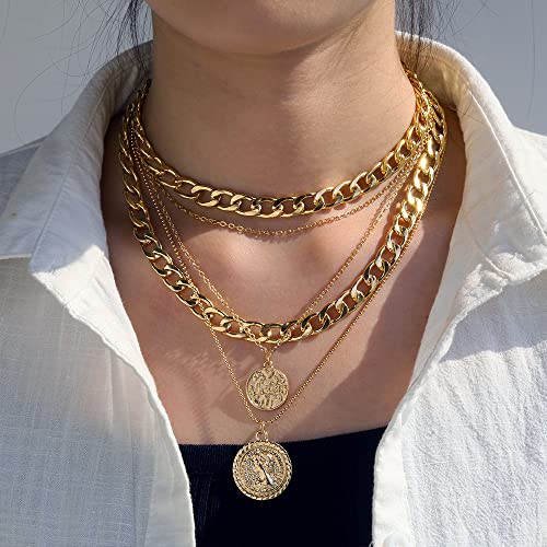 CSIYANJRY99 Chunky Gold Necklaces for Women,Multilayer Punk 80s Hip Hop Necklace,Layered Cuban Link Chain Statement Necklace 90s Freaknik Outfit Accessories for Women - color: Coin Gold
