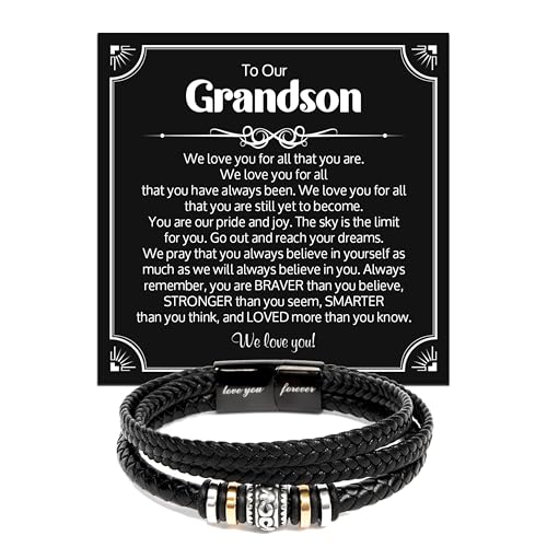 To Our Grandson Bracelet from Grandpa and Grandma - Love You Forever Engraved Leather Wristband with Inspirational Message Card - Sentimental Birthday Graduation Gift for Men, Teen - color: Version-07