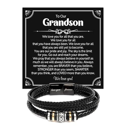 To Our Grandson Bracelet from Grandpa and Grandma - Love You Forever Engraved Leather Wristband with Inspirational Message Card - Sentimental Birthday Graduation Gift for Men, Teen - color: Version-07