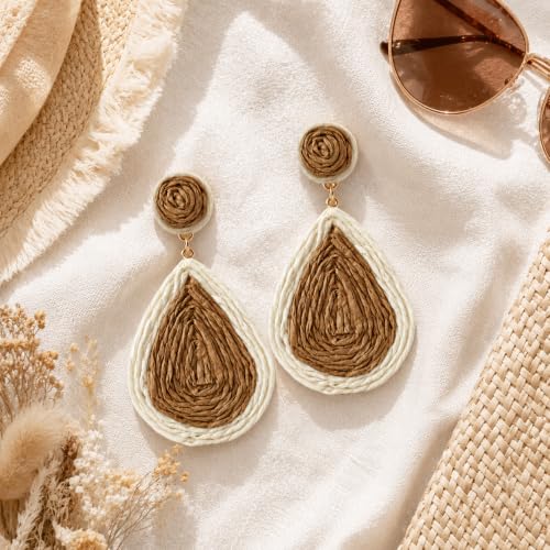 Handmade Rattan Teardrop Dangle Earrings for Women, Lightweight Boho Woven Statement Earrings with Gold Fish Hook, Natural Straw Weave Vacation Jewelry for Summer Beach - style: Ivory Brown Teardrop
