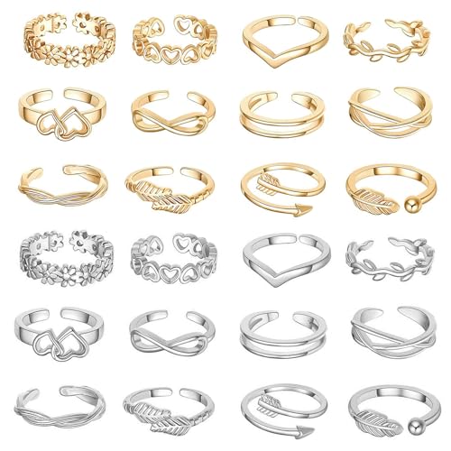 12PCS Toe Rings for Women 14K Gold/Silver Plated Adjustable Toe Ring Set Open Heart Arrow Infinity Rings Beach Foot Jewelry for Summer - color: Set
