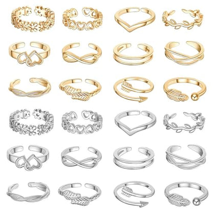12PCS Toe Rings for Women 14K Gold/Silver Plated Adjustable Toe Ring Set Open Heart Arrow Infinity Rings Beach Foot Jewelry for Summer - color: Set