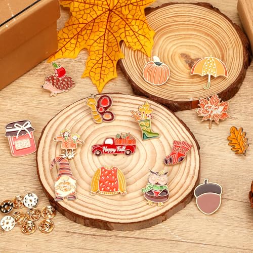 SANNIX 15Pcs Fall Pins, Autumn Enamel Pins Bulk Thanksgiving Lapel Pins Pumpkin Maple Leaf Brooch Pins for Fall Party Favors Clothes Bags Hats Accessories, 15 Styles - style: Fall Pin