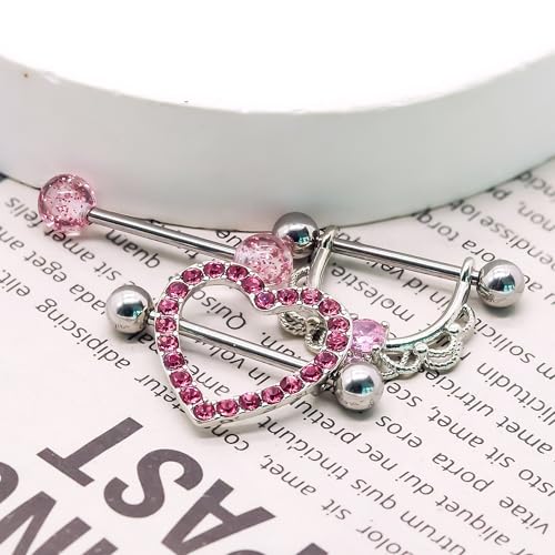 14G Nipple Rings for Women 316L Stainless Steel Heart,Butterfly,Moon,Devil,Flower Nipple Barbell CZ Nipple Rings Set Nipplerings Piercing Jewelry - color: PINK 1