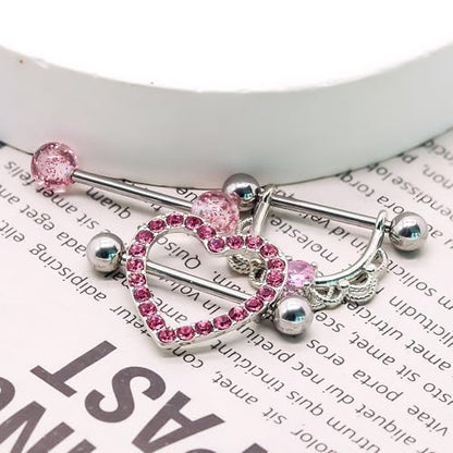14G Nipple Rings for Women 316L Stainless Steel Heart,Butterfly,Moon,Devil,Flower Nipple Barbell CZ Nipple Rings Set Nipplerings Piercing Jewelry - color: PINK 1