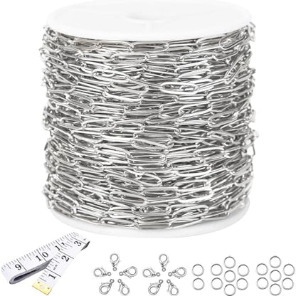 16Ft Stainless Steel Paperclip Chain for Jewelry Making, 4.5mm Width Silver Paper Clip Link Chains Roll for DIY Necklace Bracelet Craft Jewelry Making Supplies with Lobster Clasps Soft Tape Measure - color: Paperclip 4.5mm Silver