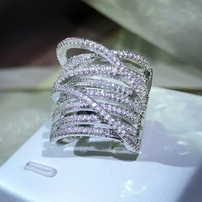 PAVOOI 14K Gold Plated X Ring Simulated Diamond CZ Criss Cross Ring for Women Juude Jewelers Silver Rose Gold Braided Wrap Knot Style Promise Statement Cocktail Party Ring(Silver.I-US Code-6) - color: SILVER.I, size: (US Code-6)