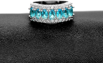 Uloveido Beautiful Women's 7 Stones Wedding Band Oval Cubic Zirconia Engagement Anniversary Rings J501 - color: Platinum-Light Blue