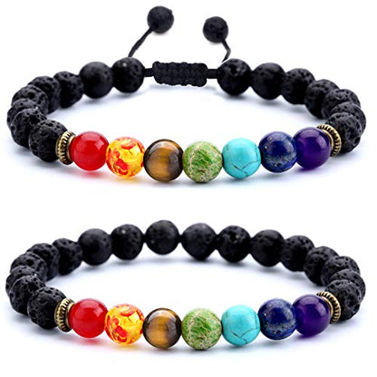 Men Women 8mm Lava Rock Beads Chakra Bracelet - color: 2 Pcs Set-21004