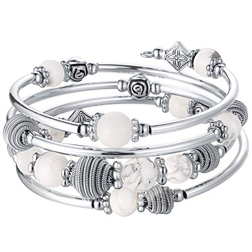 PEARL&CLUB Beaded Chakra Bangle Turquoise Bracelet - Fashion Jewelry Wrap Bracelet with Thick Silver Metal and Mala Beads, Birthday Gifts For Women - color: Howlite