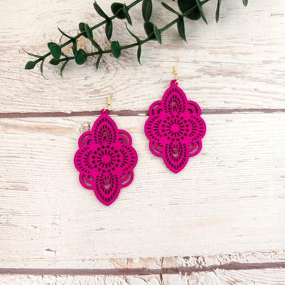 Boho Black Filigree Dangle Earrings for Women, Lightweight Hollow Lace Drop, Wood, 3.34" x 1.69", Bohemian Jewelry - color: Rose Red