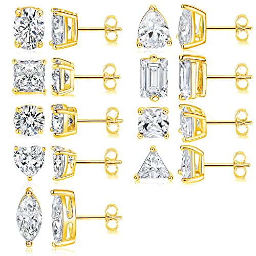 MDFUN 9 Pairs 18K Gold Plated Stud Earrings Set for Women, Cubic Zirconia Earrings Studs, CZ Diamond Jewelry Hypoallergenic, Round Square Teardrop Eye Heart Cut, Size 6-11mm - color: Gold