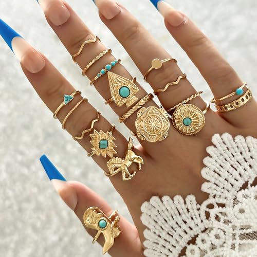 Chunky Gold Rings for Women Non Tarnish, Baroque Pearl Flower Tiger's Eye Stone Rings Adjustable Stacking Statement Rings Set Fashion Jewelry Gifts - style: Diamond/Heart