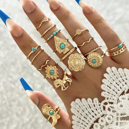 Chunky Gold Rings for Women Non Tarnish, Baroque Pearl Flower Tiger's Eye Stone Rings Adjustable Stacking Statement Rings Set Fashion Jewelry Gifts - style: Diamond/Heart