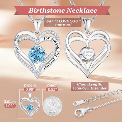 CDE Engraved Forever Love Heart Birthstone Necklace Jewelry Gifts for Women | Hypoallergenic,Nickel-Free & Lead-Free,3 x 3 mm 5A CZ Heart Pendant,Anniversary Christmas Birthday Gift for Girlfriend Wife - color: 03-Mar-WG, style: White Gold Plated