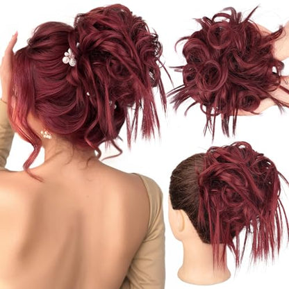 HMD Tousled Updo Messy Bun Hair Piece for Women Synthetic Hair Extension | Messy Bun Hair Piece with Elastic Scrunchie Synthetic Tousled Updos Ponytail Hairstyles for Daily Wear - color: Burgundy