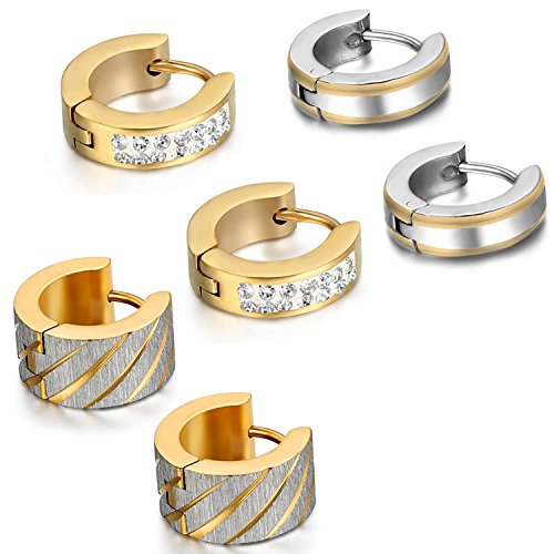 Aroncent Stainless Steel Hoop Earrings: 3-8 Pairs Men Small Hoop Huggie Hinged Earrings Set for Men Women 4mm Valentine Day Gifts - color: B-3PCS-Gold series