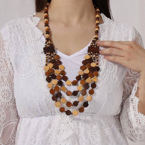 Wood Beads Necklace & Earrings for Women Chunky Multi-Layering Choker Necklace Ear Pendant - color: B