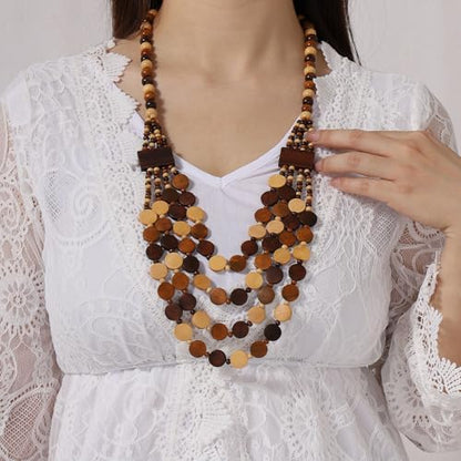 Wood Beads Necklace & Earrings for Women Chunky Multi-Layering Choker Necklace Ear Pendant - color: B