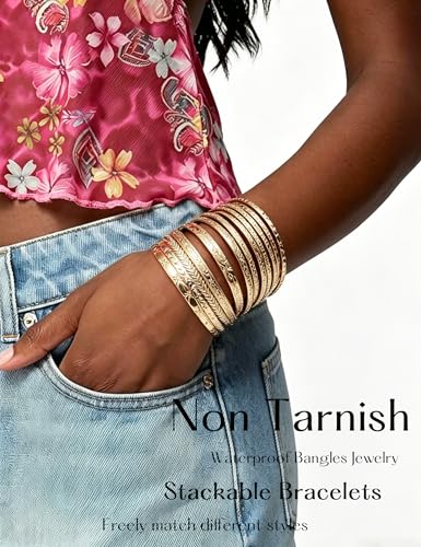 YEEZII Gold Bangle Bracelets for Women, 12 Pcs Indian Boho Stackable Set, Multi Layer Textured 14K Gold Plated Adjustable Bracelets Jewelry Set - color: GoldC-14Pcs