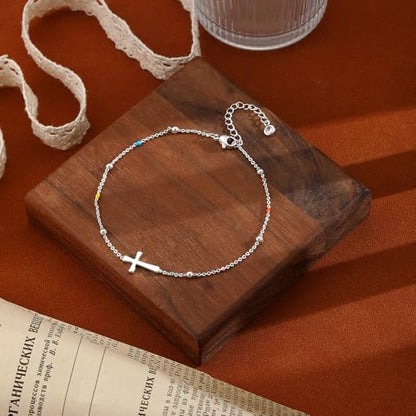 Ankle Bracelets for Women 14K Gold/Silver Plated Cross Heart Bead Anklet Waterproof Adjustable Chain Non Tarnish Cute Boho Trendy Dainty Summer Beach Foot Jewelry Gift for Her - style: Cross-SL