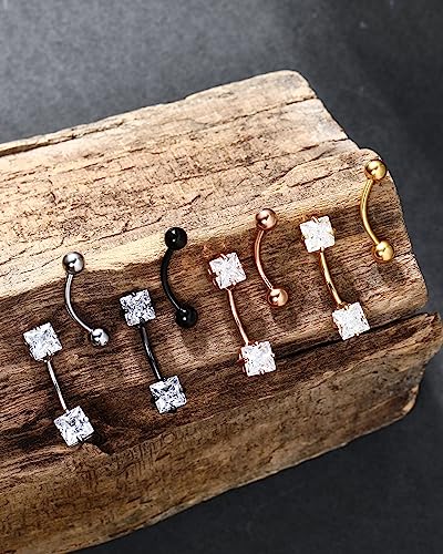 2pcs 16g Small Size Belly Button Rings Pack Surgical Steel Square AAA CZ Curved Barbell Navel Rings New - color: gold