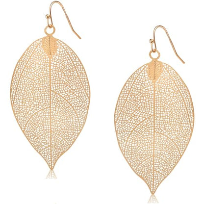 Leaf Earrings for Women - Gold or Silver Tone Filigree Dangle Earrings | Plated in Gold Tone or Silver Tone - color: 2.2" inch - Small Gold