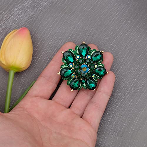 Flower Shape Crystal Cocktail Stretch Ring Party Prom Floral Statement Elastic Ring for Women - color: 2RI255-emerald-gold tone