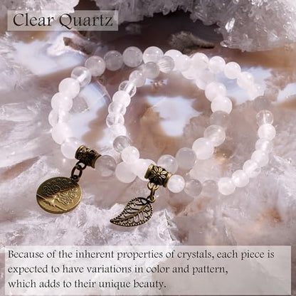 Bivei Natural Semi Precious Gemstone beads bracelet for women - Life Tree and Leaf Charm Energy Reiki Crystal Stretch Bracelets - color: Clear Quartz Bracelet Set, size: Medium:6.8-7.24inch