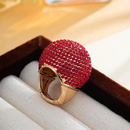 Gold Snowball Rhinestone Cocktail Ring – Adjustable Stretch Sparkling Party Jewelry for Women, Elegant Costume Ring for Evening Wear, Wedding, Prom - color: Red