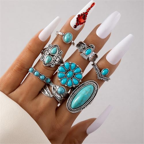 Bohemian Turquoise Ring Set for Women,Vintage Western Rings Chunky Turquoise Opal Stackable Knuckle Ring Set Punk Midi Finger Ring Pack Boho - style: Ring set-D
