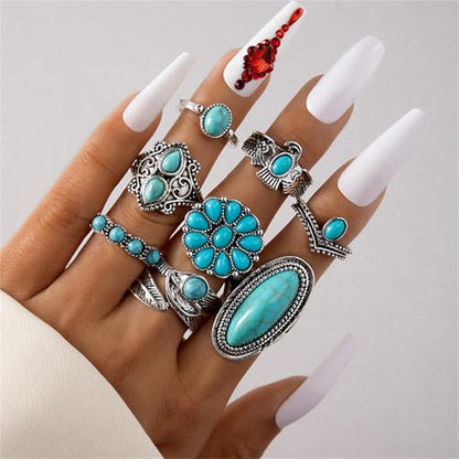 Bohemian Turquoise Ring Set for Women,Vintage Western Rings Chunky Turquoise Opal Stackable Knuckle Ring Set Punk Midi Finger Ring Pack Boho - style: Ring set-D