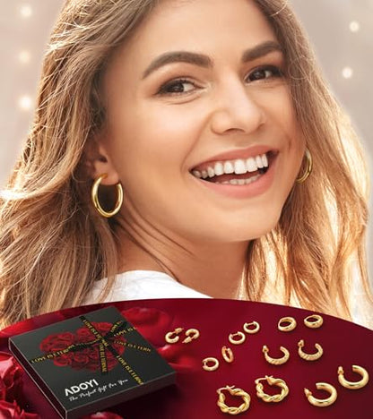 Adoyi 9 Pairs Gold Hoop Earrings Set for Womens Twisted Huggie Hoops Earrings 14K 18K Gold Plated for Girls Valentines Mother's Day Birthday Gifts Lightweight - color: Gold Plated- Gift Box