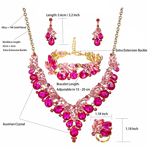 Jewelry Set for Women, Statement Necklace Dangle Earrings Bracelet Ring, White/KC Gold Plated Jewelry Set with Rhinestone Pearl Crystal Wedding Party Jewelry for Bridal Bridesmaid - color: Rose Red-Gold Plated