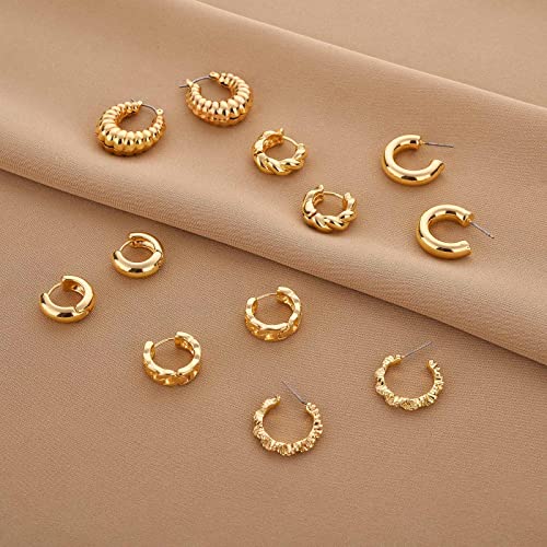 Wgoud 6 Pairs Chunky Gold Hoop Earrings for Women, 14K Gold Plated Hoop Earrings Hypoallergenic, Thick Lightweight Twisted Huggie Hoops Earring Set for Women’s Jewelry GIfts - color: 6 Gold Chunky Hoops