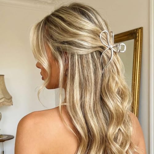 CAKURE Bow Claw Clip Gold Metal Hair Clips Medium Hair Jaw Clamps Stylish Hair Accessories for Women and Girls (Pack of 2)