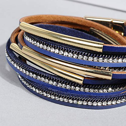 Artilady Leather Wrap Bracelet for Women, Pearl Beaded Bangle Stack Jewelry | Easy on-off, Elegant Handmade Multi-Layered, Daily Casual Date Beach Vacation, Gift for Ladies, Mother, Sister & Friend - style: Blue with Gold bar