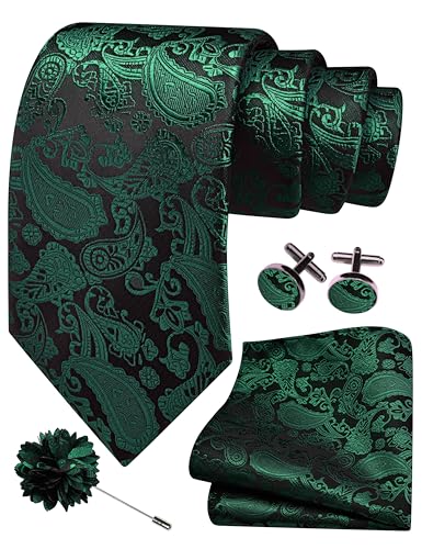GUSLESON 3.15"（8cm） Mens Paisley Tie and Lapel Pin Necktie Hankerchief Cufflinks Set for Men - color: Emerald Green