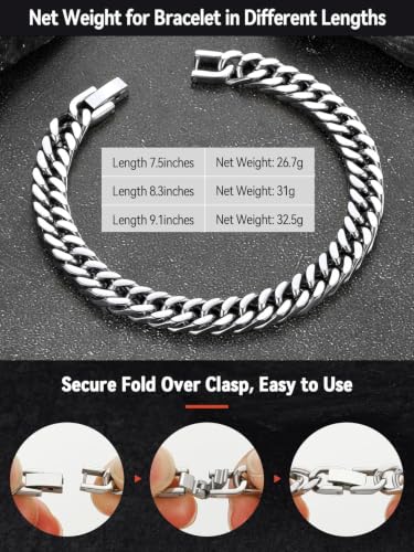 FaithHeart Mens Stainless Steel Cuban Link Bracelet, Tarnish Resistant | 6/8/12/17mm Silver/Black/Gold Sturdy Hip Hop Wrist Chain Bracelets Daily Wear with Gift Box, 7.5"/8.3"/9.1" Length - color: A. Silver-8mm Width, size: Length 7.5 Inches