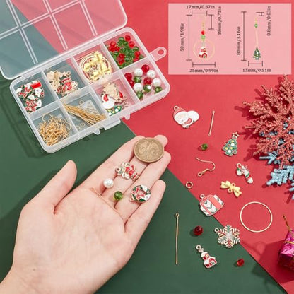 SUNNYCLUE 1 Box 10 Sets Christmas Earring Making Kit Gold Drop Dangle Earrings Christams Charm Enamel Snowflake Christmas Charms Glass Beads for Jewelry Making Kits Adult Women DIY Crafts Supplies - color: 1.2-diy-10 Pairs Christmas Enamel Earrings