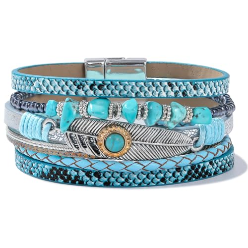 Western Turquoise Leather Cuff Bracelets Boho Feather Cowgirl Jewelry | Stackable Country Hippie Wrap Bangle Set Magnetic Clasp Chunky Beaded Stone Bohemian Statement Outfits for Women Trendy - color: Blue