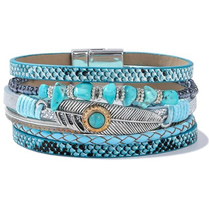 Western Turquoise Leather Cuff Bracelets Boho Feather Cowgirl Jewelry | Stackable Country Hippie Wrap Bangle Set Magnetic Clasp Chunky Beaded Stone Bohemian Statement Outfits for Women Trendy - color: Blue