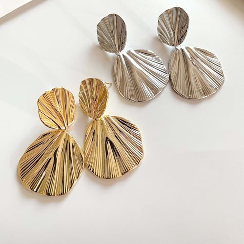 Large Geometric Drop Dangle Earrings for Women Pearl Teardrop Disc Rectangle Oval Fishtail Shell Shaped Textured Dangle Studs Earrings for Women - color: Gold-Shell A