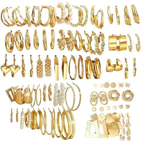 Gold Silver Hoop Earrings Set for Women, 46 Pairs Lightweight Twisted Pearl Heart Chunky Hoops Dangle Drop Earrings, Hypoallergenic Gold Plated Earrings for Daily Birthday Party Gift - color: Gold