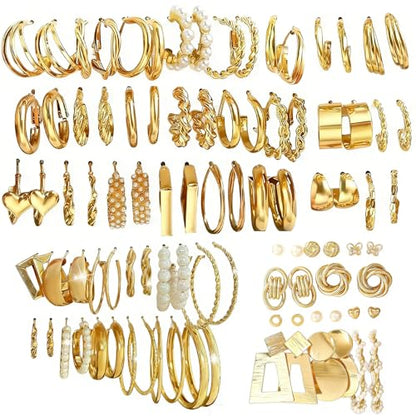 Gold Silver Hoop Earrings Set for Women, 46 Pairs Lightweight Twisted Pearl Heart Chunky Hoops Dangle Drop Earrings, Hypoallergenic Gold Plated Earrings for Daily Birthday Party Gift - color: Gold