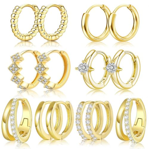 Nunpag 9 Pairs 14K Gold Plated Chunky Huggie Hoop Earrings Set for Women Hypoallergenic Stainless Steel Lightweight Small Earring Stacks for Multiple Piercings Non Tarnish Jewelry Gift Twisted 8-12mm - color: 14Pcs-Gold