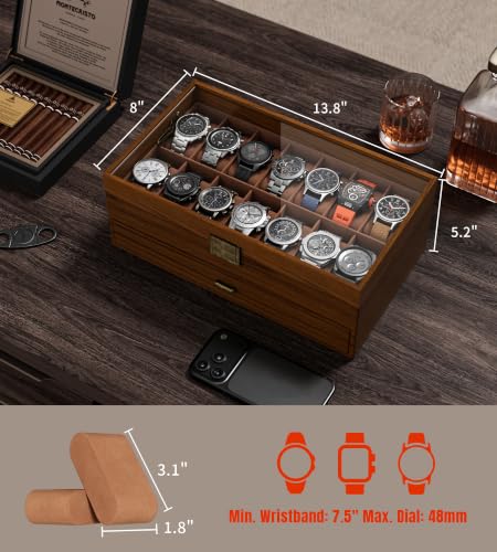 Watch Case Box for Men - Ultra-thin Frame Wide Display 14 Slots 2-Layer Wooden Grain Watch Sunglass Storage Organizer, Real Glass Lid Display Case Gift for Dad Husband - size: 14 Slots, Wooden Pattern